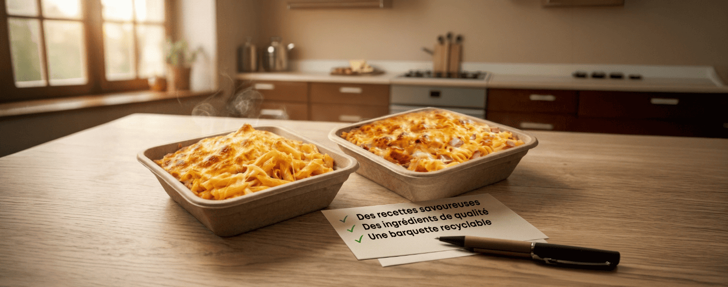 Nouveaux gratins Marie présentés dans des barquettes en fibre de bois recyclable, avec des recettes
                savoureuses élaborées à partir d'ingrédients de qualité et gratinées au four.