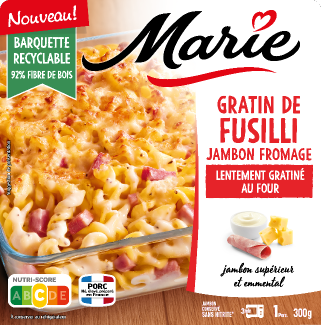 Packaging du gratin de fusilli jambon fromage Marie, recette généreuse gratinée au four avec pâtes fusilli, jambon et fromage.