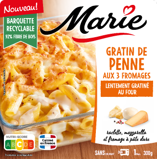 Packaging du gratin de penne aux trois fromages Marie, recette gratinée au four à base de pâtes penne et de fromages sélectionnés.