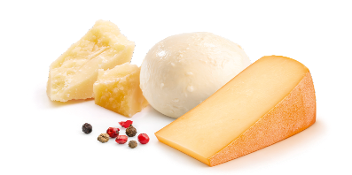 Visuel des ingrédients du gratin de penne aux trois fromages Marie avec assortiment de fromages sélectionnés.