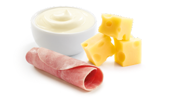 Visuel des ingrédients du gratin de fusilli jambon fromage Marie avec jambon et fromage.
