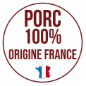 Logo indiquant que le jambon utilisé dans les gratins Marie provient de porcs nés, élevés et préparés en France.