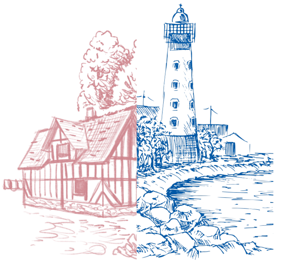 Dessins d'une chaumière normande et d'un phare